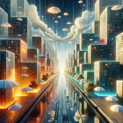 The primary subject of the image is a person standing on a bridge, surrounded by a cityscape. The setting includes a city with tall buildings, and the background features a cloudy sky. The visual style is digital art, with the person and the cityscape depicted in a vibrant and colorful manner. The colors and mood of the image are lively and energetic, with the person standing out against the backdrop of the city and the cloudy sky.